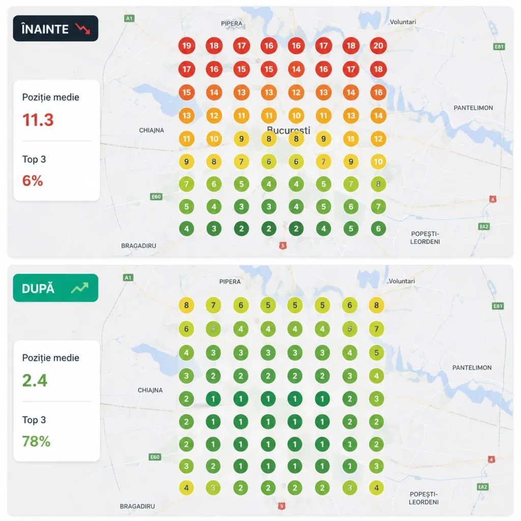Imagine de tip before and after. In partea de sus se observa performanta unui google business profile inainte de optimizare, iar in partea de jos se vede performanta lui dupa ce a fost optimizat local pentru google maps